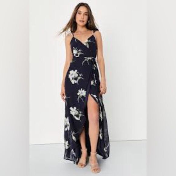 Lulu’s All Mine Navy Blue Floral Print High-Low Wrap Dress - Picture 1 of 9